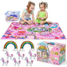 Yoya Toys Unicorn Playmat - Pretend Play Set For Kids - 8 Pcs Unicorns And Rainbows Figures - Educational Imaginative Activity Rug Toy - Floor Mat Playset Gift For Girls 3 4 5 6 7 8 Year Old Toddlers