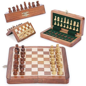 Ajuny Magnetic Travel Chess Set - Handcrafted Acacia Wood, Foldable Board With Elegant Storage Ages