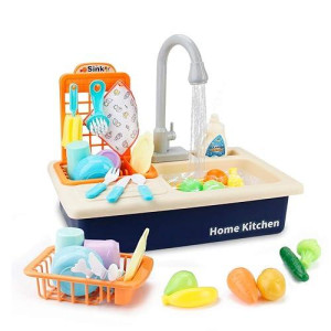 BOBXIN Kids Play Sink with Running Water - Blue Dishwasher Set