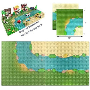 Taken All Grassland Rivers Pattern Baseplate 10" X 10" - Building Brick Base Plate Perfect Combination With Major Brands,For City Roads Building Blocks Kids Toy (1 Straight + 1 Curve)