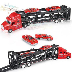 Corper Toys Transport Car Carrier Truck Toy Detachable Die-Cast Pull Back Play Vehicles Car Set For Kids With Lights And Sounds Sets Of 3 Red