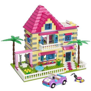 Brick Story Girls Friends House Building Kit, 892 Pcs Big Villa Building Blocks City Family Beach House Model Toy Set Apartment Room Playset With 4 Mini People And Car For Girls Kids Aged 6 And Up