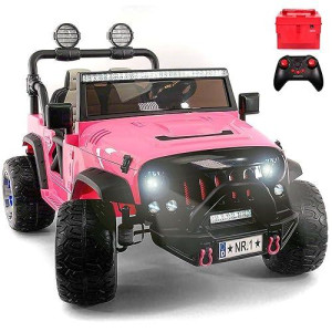 Two (2) Seater Ride On Kids Car Truck W/Remote | Large 24V Battery Licensed Kid Car To Drive 3 Speeds, Leather Seat, Mp3 Music By Bluetooth, Fm Radio, Rubber Tires - Pink