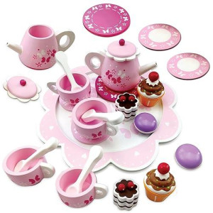 Wooden Tea Party Set For Little Girls, Toddler Tea Set With Cupcake Stand & Food Dessert, Play Kitchen Accessories For Toddlers, +3 Years Old, Wooden Toys, Birthday, Kids, Girls, Gifts