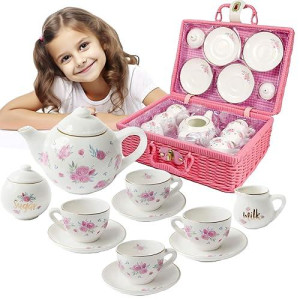 Porcelain Tea Set For Girls - Pink Ceramic Tea Cups With Pink Box - Tea Glass Toy For Kids Tea Party - Ideal Gift For Toddlers And Children'S Ages 3 Years Old - Floral Design, 13 Pieces