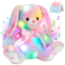 Glow Guards 10'' Easter Light Up Musical Bunny Stuffed Animal Rainbow Lop Eared Rabbit Glowing Singing Plush Toy Lullaby Bed Night Light Birthday For Toddler Kids