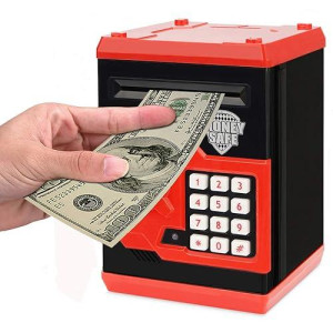 Adsoner Cartoon Piggy Bank, Electronic Atm Password Cash Coin Can Auto Scroll Paper Money Saving Box Gift For Kids (Red)