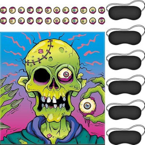 Outus Pin The Eyeball On The Zombie Halloween Party Game, Zombie Game Poster With 24 Pieces Zombie Eyeballs Stickers And 6 Pieces Black Eye Mask