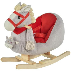 Qaba Kids Ride-On Rocking Horse Toy, Rocker With Lullaby Song, Hand Puppets & Soft Plush Fabric For Children 18-36 Months, Brown