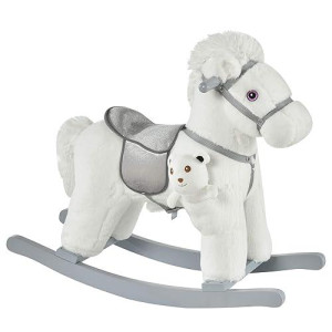 Qaba Kids Plush Ride-On Rocking Horse With Bear Toy, Children Chair With Soft Plush Toy & Fun Realistic Sounds, White