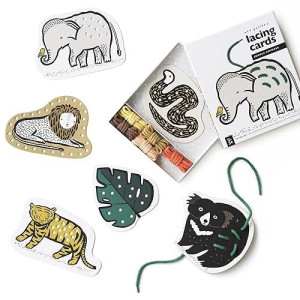 Wee Gallery Jungle Animals Lacing Cards For Toddlers, Sewing Board, Preschool Toys, Montessori Learning Activity For Kids, Learn Motor Skills, Colors, Travel Game, With Soy Inks (Ages 3 4 5 Years +)