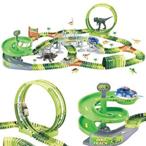 Wesprex Dinosaur Track Toy Set 280 Pcs, Flexible Race Track Playset W/ 240 Tracks, 2 Race Cars, 1 Ferris Wheel (360 Degree Rotation). 1 Rotary U-Turn Tower, Dinosaur Toy For Kids Boys Girls Age 3-12