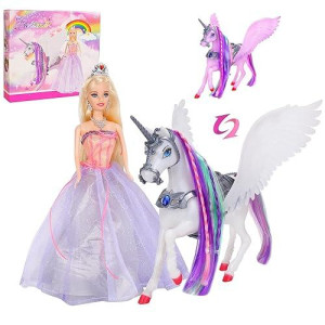 Bettina Color Changing Unicorn & Princess Doll, Color Change On Whole Unicorn Under Sunshine, 11.5'' Princess Doll Toy, Unicorn Toys With Removable Saddle&Wings