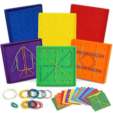 6 Pack Double-Sided Geoboard Mathematical Manipulative Material Array Block Geo Board, Educational Toy For Kids With Rubber Bands And 15Pcs Pattern Card, Stem Shape Puzzle Brain Teaser Toy, 5X5 Inch