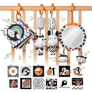 Tumama Black And White Baby Toys, High Contrast Baby Tummy Time Toys, Newborn Soft Books Mirror Rattles, Montessori Sensory Toys 0-12 Months, Hanging Infant Toys For Carseat Stroller Play Mat Crib