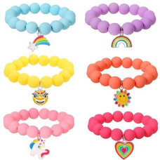 Pinksheep Unicorn Beads Pendant Bracelet For Kid Girl, 6Pc, Rainbow Monster Sun Flower Heart Meteor Charm Friendship Bracelet Good Friend Gift