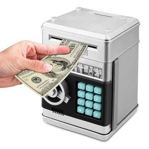 Adsoner Toy Piggy Bank, Electronic Atm Password Cash Coin Can Auto Scroll Paper Money Saving Box Gift For Kids (Silvery)