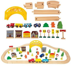 60Pcs Train Set For 3 Year Old Boys, Double-Side Wooden Train Set Tracks For Toddlers, Fits Brio, Thomas, Melissa And Doug, Kids Wood Train Toys For 3 4 5 Year Old Boys And Girls (Yellow)