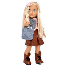 Gift Boutique 18 Inch Girl Doll, Fashion Doll With Fine Blonde Long Hair For Styling, Blue Eyes, Leather Boots, Denim Jacket Hair Bow Handbag, Doll Clothes And Accessories Princess Doll For Kids