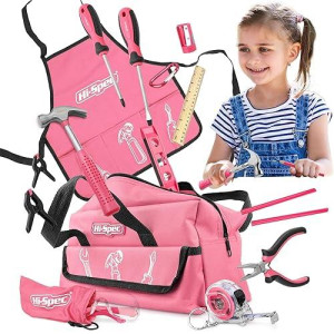 Hi-Spec 18Pc Pink Kids Tool Kit Set & Child Size Tool Bag. Real Metal Hand Tools For Diy Building, Woodwork & Construction