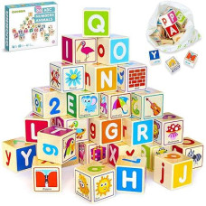 Quokka Wooden Puzzles Blocks For Toddlers 1-3 Large - 26 Alphabet & Numbers Baby Blocks For Kids Ages 2-4 Gift Wood Stacking & Building Toys For Learning Abc Letters For Boys And Girls 2-4