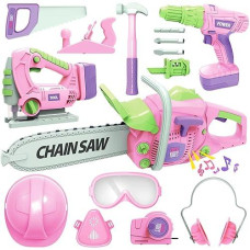 Kids Tool Set With Electric Toy Drill Chainsaw Jigsaw Toy Tools For Girl, Realistic Kids Power Construction Pretend Play Tools Set Toddler Toys Playset Kit For Toddler Boy Girl Kid Child Tool Toy Pink