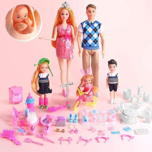 Ucanaan Family Dolls Set Of 6 People With Dad Pregnant Mom 3 Kids And Baby Boy In Mommy'S Tummy And 70 Pcs Accessories For Education And Gift Best Gitfs For Girls Christmas Birthday