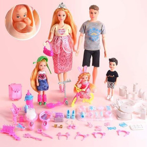 Ucanaan Family Dolls Set Of 6 People With Dad Pregnant Mom 3 Kids And Baby Boy In Mommy'S Tummy And 70 Pcs Accessories For Education And Gift Best Gitfs For Girls Christmas Birthday