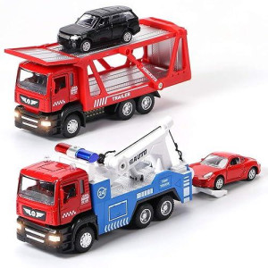 Winrayk 4Pcs Tow Truck Toys With Mini Toy Cars Set Pull Back Cars With Lights And Sound Trailer Transporter Vehicles Truck Toy, 1:50 Scale Metal Diecast Toy Trucks For Boys Girls 3 4 5 6 7 8 Years Old