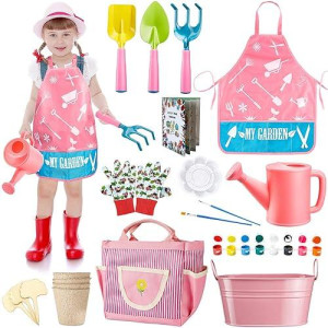 Ginmic Kids Gardening Tools With Stem Learning Guide, Apron, Watering Can, Gloves, Shovel, Rake, & Painting Accessories Beach Sand Toy For Garden, Easter Gifts For Girls