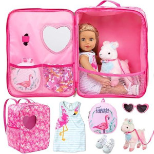 Ecore Fun 18 Inch Girl Doll Carrier Bag With Doll Clothes And Accessories,Including Dress, White Cloth Doll Shoes ,Doll Backpack, Sunglasses, Toy Lamb