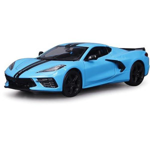 Maisto Diecast Cars 2020 Chevy Corvette Stingray Z51 Coupe Blue With Black Stripes 1/24 Diecast Model Car 31527