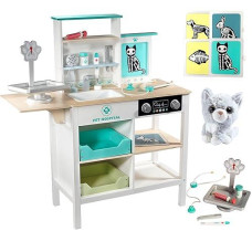 Vet Center Pretend Pet Hospital Playset- Wooden Animal Interactive Medical Checkup Set With Toy Cat, X-Ray Cards Stethoscope & Veterinarian Medical Accessories, Fun Doctor Role Play Gift For Kids