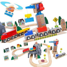 Orbrium Lift And Load Wooden Train Set With Magnetic Crane, Magnetic Helicopter, Large Diesel Engine, Semi-Truck, Shipping Container Flat Car Compatible With Thomas, Brio, Chuggington, Melissa & Doug