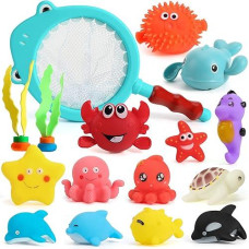 Shindel 16Pcs Bath Toys, Baby Kids Floating Animal Toys Pool Toy Set Fishing Net Clockwork Swimming Toys, Pool Toys For Toddlers Age 2-4 Pool Bath Time For Infant Girls Boys