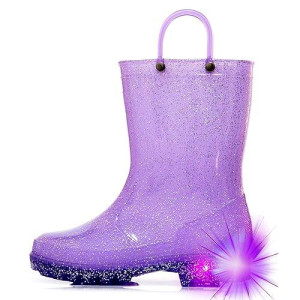 Hugrain Toddler Girls Rain Boots Little Kids Baby Light Up Waterproof Shoes Lightweight Rubber Adorable Sparkle Glitter With Easy-On Handles Non Slip (Size 10,Purple)