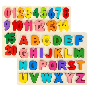 Attmu 2 Pack Wooden Alphabet & Number Puzzles for Toddlers