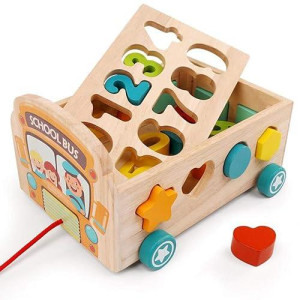 Classic Wooden Toddler Toy Age 2-4 Pulling Bus 123 Number Learning Shape Puzzle Sorting Match Game Montessori Sensory Material For Kids