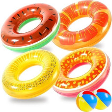 Finduwill 6 Pack Pool Floats - Inflatable Pool Float Swimming Tube Ring Floaties(4 Pack) With 2Pcs Beach Balls, Grape, Kiwi, Watermelon, Passion Fruit Pool Float For Kids And Adults