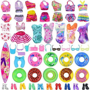 Ecore Fun 35 Pcs Doll Clothes Swimwear Beach Bathing Kit Including 10 Bikini Swimsuit 2 Swimming Ring 4 Fashion Glasses 10 Pairs Shoes 1 Surf Skateboard 8 Doll Accessories For 11.5 Inch Doll