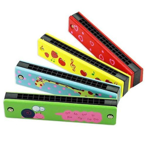 Tvoip 4Pcs Wooden Painted Toy Musical Instrument Play16-Hole Harmonica Parent-Child Puzzle Baby Early Education Toys For Children Gift (Random Color)