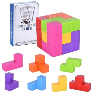 Worwoder Kids Magnetic Building Blocks Magic Magnetic 3D Puzzle Cubes, Set Of 7 Multi Shapes Magnetic Blocks With 54 Guide Cards, Intelligence Developing And Stress Relief Fidget Toys For Kids(Pink)