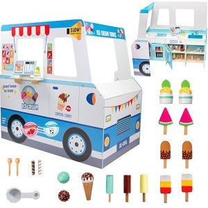 Ice Cream Truck Wooden Playset 20 Fun Toy Pieces Including Freezer Steering Wheel Sink Sticker Sheet For Kids Name Includes