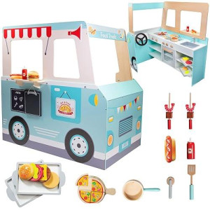 Food Truck Wooden Playset- 20 Fun Toy Pieces Including Cook Top, Steering Wheel, Sticker Sheet For Kids Name - Includes Food Tray, Pizza Slices & More, Dual Sided Play Stand For Indoor Fun Activity