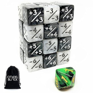 Citadel Black Mtg Buff Dice Counters +1/+1 And -1/-1 Set Of 25 Premium Dice - Includes Poison Dice With Velvet Drawstring Pouch, Magic: The Gathering