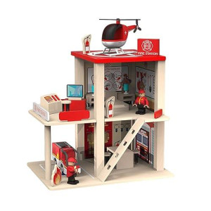 Bbtinker Wooden Fire Station Playset, Multicolor 3-Level Pretend Play Dollhouse With Figures, Truck, Helicopter And Accessories, Preschool Learning Educational Toys For Toddlers Kids Age 3 And Up