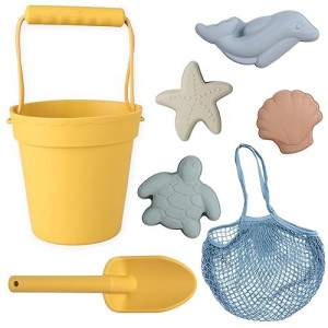 Blue Ginkgo Silicone Beach Toys - Modern Baby | Travel Friendly Beach Toys Set | Silicone Bucket, Shovel, 4 Sand Molds, Beach Bag | Sand Toys For Toddlers, Kids - Yellow