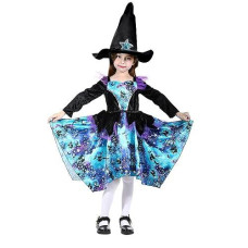 Lingway Toys Girls Halloween Witch Costume With Hat,Large Irregular Hem Circle Blue Witch Fancy Dress 7-8Years