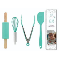 Tovla Jr. Kids Cooking Utensils Set - 4-Piece Kids Kitchen Tools - Safe Kids Baking Set - Food Grade Toddler Chef Supplies - Gender Neutral Silicone Cookware Kit With Spatula Whisk Tongs Rolling Pin