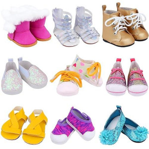 Ecore Fun 18 Inch Girl Doll Accessories Includes Random Style 9 Pairs Of Shoes Fit For 18 Inch Girl Doll Shoes Including Snow Boots, Leather Shoes, Sandals, Slipper